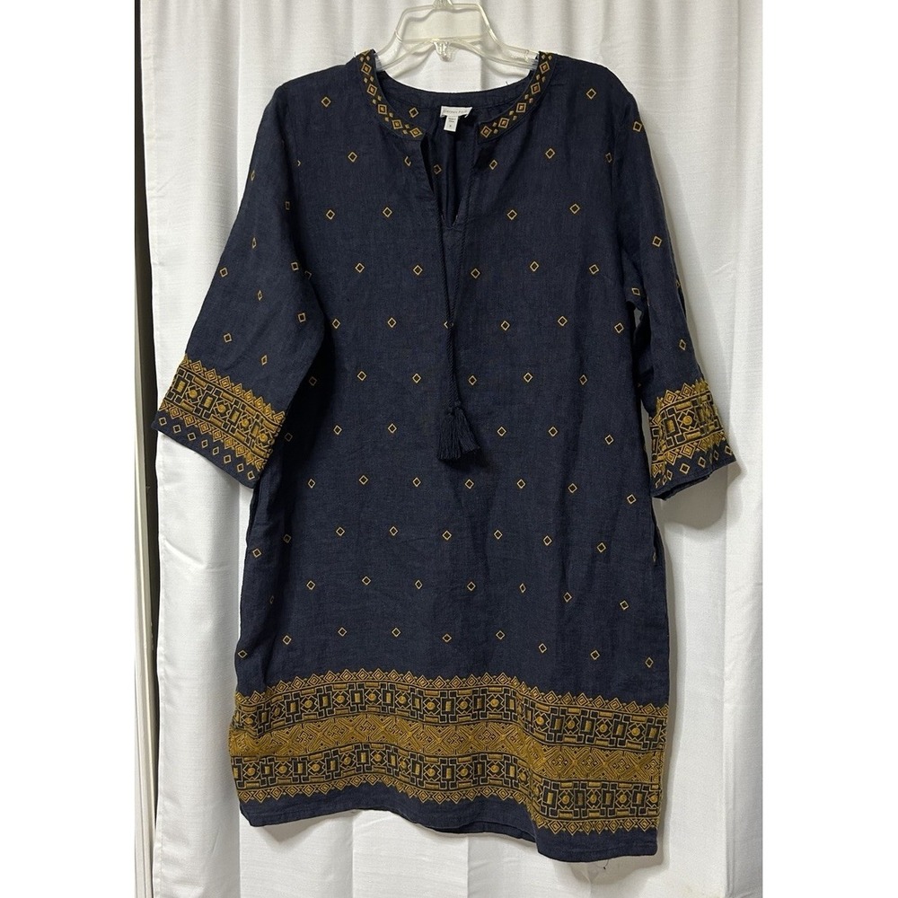 GARNET HILL Navy Blue Linen Embroidered Tunic Dress Size 8 Boho Shift 3/4 Sleeve